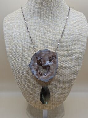 Natural Geode Druzy Pendant with Smoky Crystal Drop Necklace